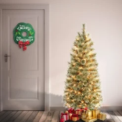 Slim-National Tree Company First Traditions Pre-Lit Arcadia Pine Cashmere Slim Christmas Tree, Clear Incandescent Lights, Plug In, 4.5 Ft