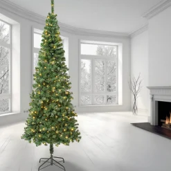 Slim-National Tree Company First Traditions Pre-Lit Artificial Linden Spruce Christmas Tree, Warm White Led Lights, Plug In, 7.5 Ft