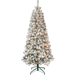 5Ft - 6Ft-National Tree Company First Traditions Pre-Lit Acacia Flocked Tree Christmas Tree, Clear Incandescent Lights, Plug In, 6 Ft