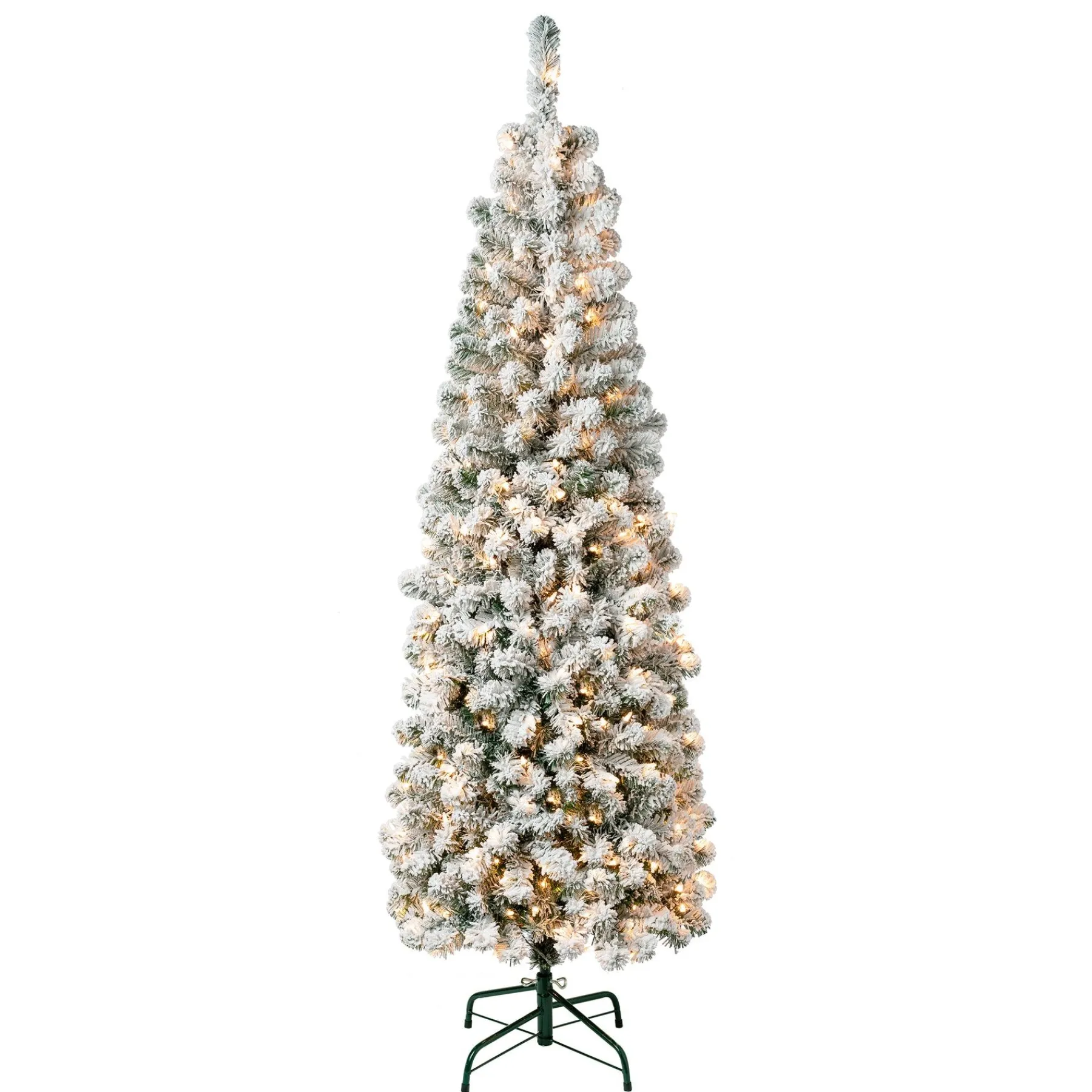 Slim-National Tree Company First Traditions Pre-Lit Acacia Flocked Tree Slim Christmas Tree, Clear Incandescent Lights, Plug In, 6 Ft