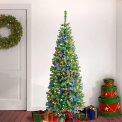 Slim-National Tree Company First Traditions Pre-Lit Artificial Linden Spruce Christmas Tree, Multicolor Led Lights, Plug In, 6 Ft