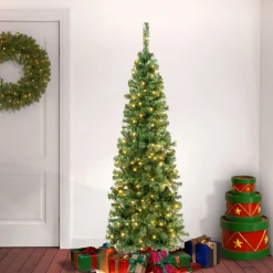 Slim-National Tree Company First Traditions Pre-Lit Artificial Linden Spruce Christmas Tree, Warm White Led Lights, Plug In, 6 Ft