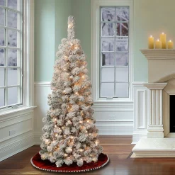 Clear-National Tree Company First Traditions Pre-Lit Acacia Flocked Tree Slim Christmas Tree, Clear Incandescent Lights, Plug In, 4.5 Ft