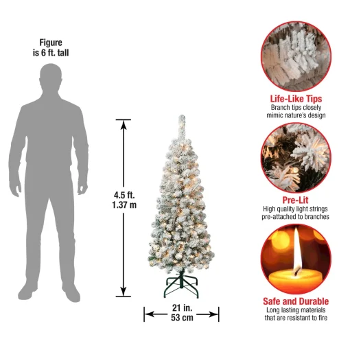 Clear-National Tree Company First Traditions Pre-Lit Acacia Flocked Tree Slim Christmas Tree, Clear Incandescent Lights, Plug In, 4.5 Ft