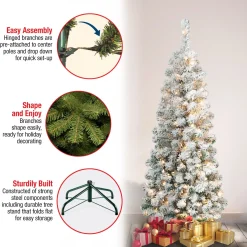 Clear-National Tree Company First Traditions Pre-Lit Acacia Flocked Tree Slim Christmas Tree, Clear Incandescent Lights, Plug In, 4.5 Ft