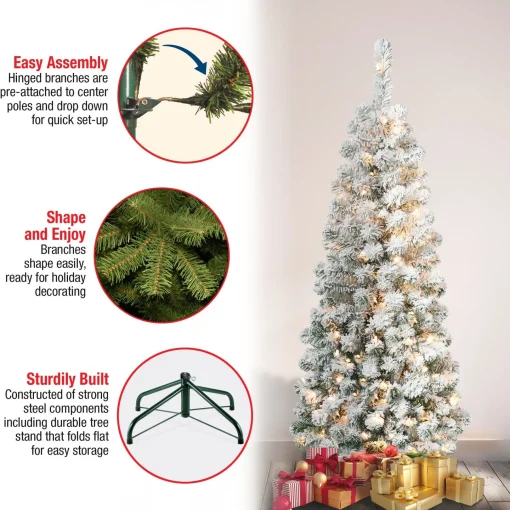Clear-National Tree Company First Traditions Pre-Lit Acacia Flocked Tree Slim Christmas Tree, Clear Incandescent Lights, Plug In, 4.5 Ft