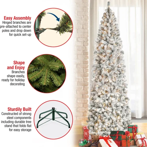 7Ft - 9Ft-National Tree Company First Traditions Pre-Lit Acacia Flocked Tree Slim Christmas Tree, Clear Incandescent Lights, Plug In, 9 Ft