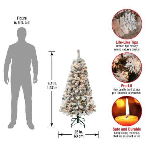 Clear-National Tree Company First Traditions Pre-Lit Acacia Flocked Tree Christmas Tree, Clear Incandescent Lights, Plug In, 4.5 Ft