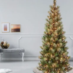 Slim-National Tree Company First Traditions Pre-Lit Charleston Pine Snowy Slim Christmas Tree, Clear Incandescent Lights, Plug In, 7.5 Ft