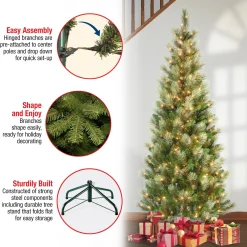 Slim-National Tree Company First Traditions Pre-Lit Charleston Pine Snowy Slim Christmas Tree, Clear Incandescent Lights, Plug In, 7.5 Ft