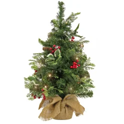 Full-National Tree Company First Traditions Pre-Lit Mini Christmas Tree With Holly Leaves, Red Berries And Pinecones, Warm White Led Lights, Battery Operated, 24 In
