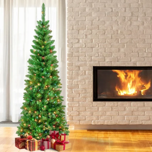 7Ft - 9Ft-National Tree Company First Traditions Pre-Lit Rowan Pencil Slim Christmas Tree, Multicolor Incandescent Lights, Plug In, 7.5 Ft