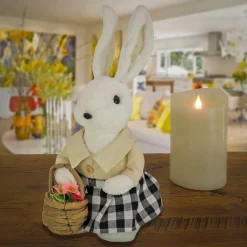 Easter Table Decor-National Tree Company Fluffy Female Bunny Table Decoration, Soft Straw Fibers With Foam Base, Dressed In Buttoned Shirt, Skirt, Basket, Easter Collection, 12 Inches
