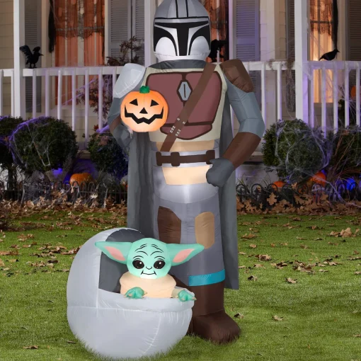 Halloween Inflatable Decoration-National Tree Company Halloween Airblown 78" Mandalorian & The Child With Pumpkin