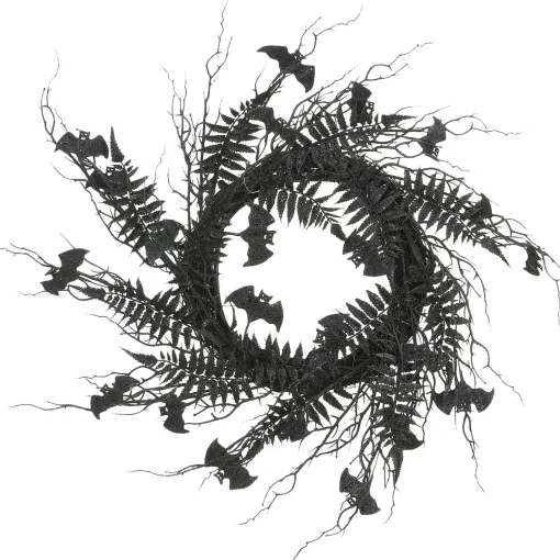 Halloween Wreath-National Tree Company Halloween Artificial Wreath, Black, Decorated With Bats, Fern Leaves, Branches, 24 Inches