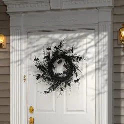Halloween Wreath-National Tree Company Halloween Artificial Wreath, Black, Decorated With Bats, Fern Leaves, Branches, 24 Inches