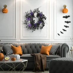 Halloween Wreath-National Tree Company Halloween Artificial Wreath, Black, Decorated With Skulls, Roses, Purple Flowers, 24 Inches
