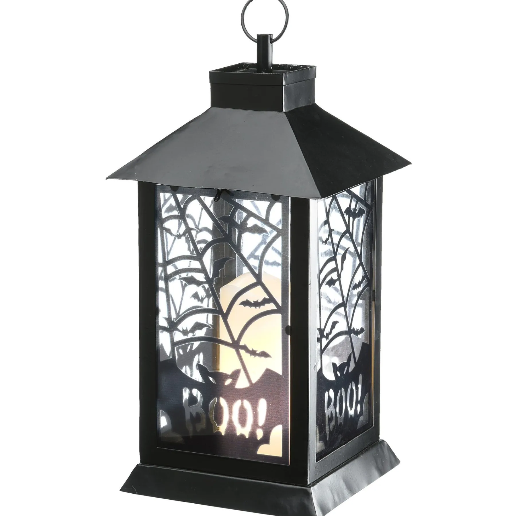 Halloween Table Decoration-National Tree Company Halloween Lantern With Led Lights, Carved Images Of Bats And Cobwebs, 16 Inches