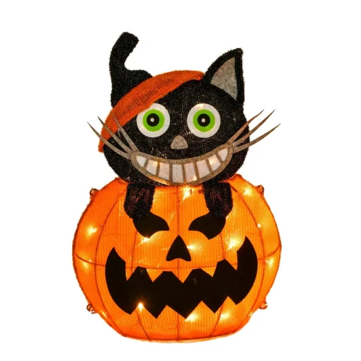 Halloween Outdoor Decoration-National Tree Company Halloween Pre Lit Lighted Sign Decoration, Orange, Pumpkin And Black Cat, Led Lights, Battery Operated, 23 Inches