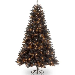 Halloween Christmas Tree-National Tree Company Halloween Pre-Lit Artificial Full Christmas Tree, Black, North Valley Spruce, White Lights, Includes Stand, 6.5 Feet
