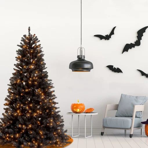 Halloween Christmas Tree-National Tree Company Halloween Pre-Lit Artificial Full Christmas Tree, Black, North Valley Spruce, White Lights, Includes Stand, 7 Feet