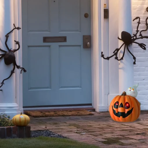Halloween Outdoor Decoration-National Tree Company Halloween Pre-Lit Happy Pumpkin And Ghost Decoration, Led Lights, 12 Inches