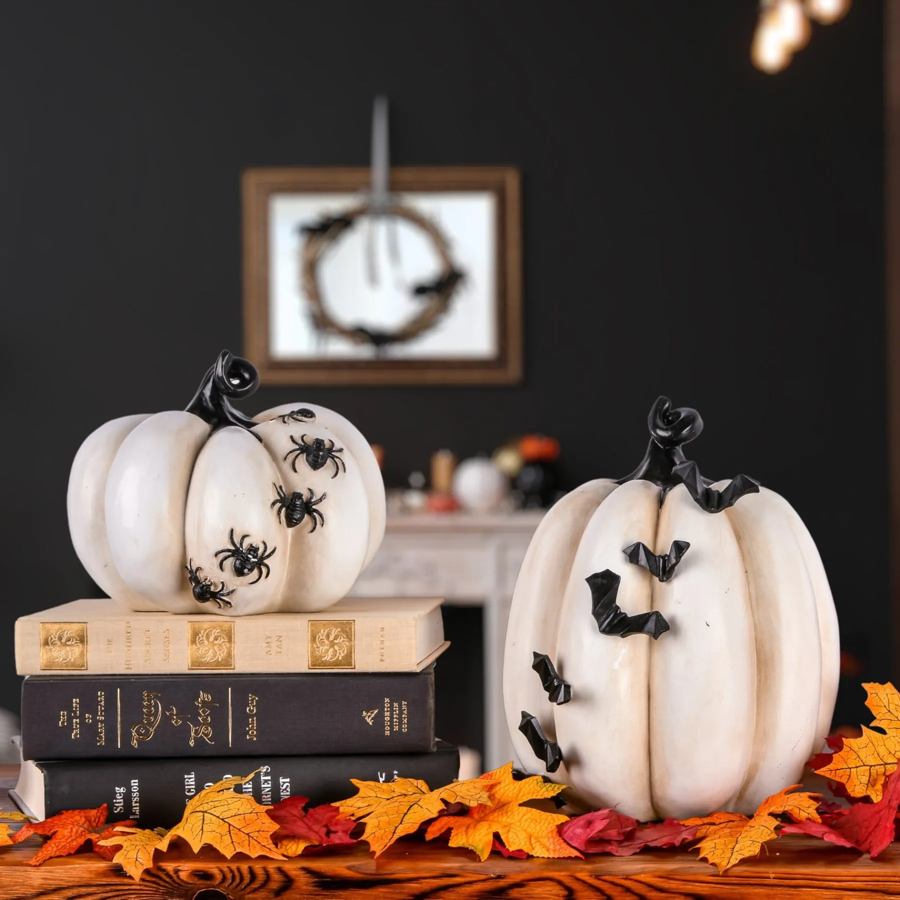 Halloween Table Decoration-National Tree Company Halloween Tabletop Decoration, White, Crawling Spiders Pumpkin, 6 Inches