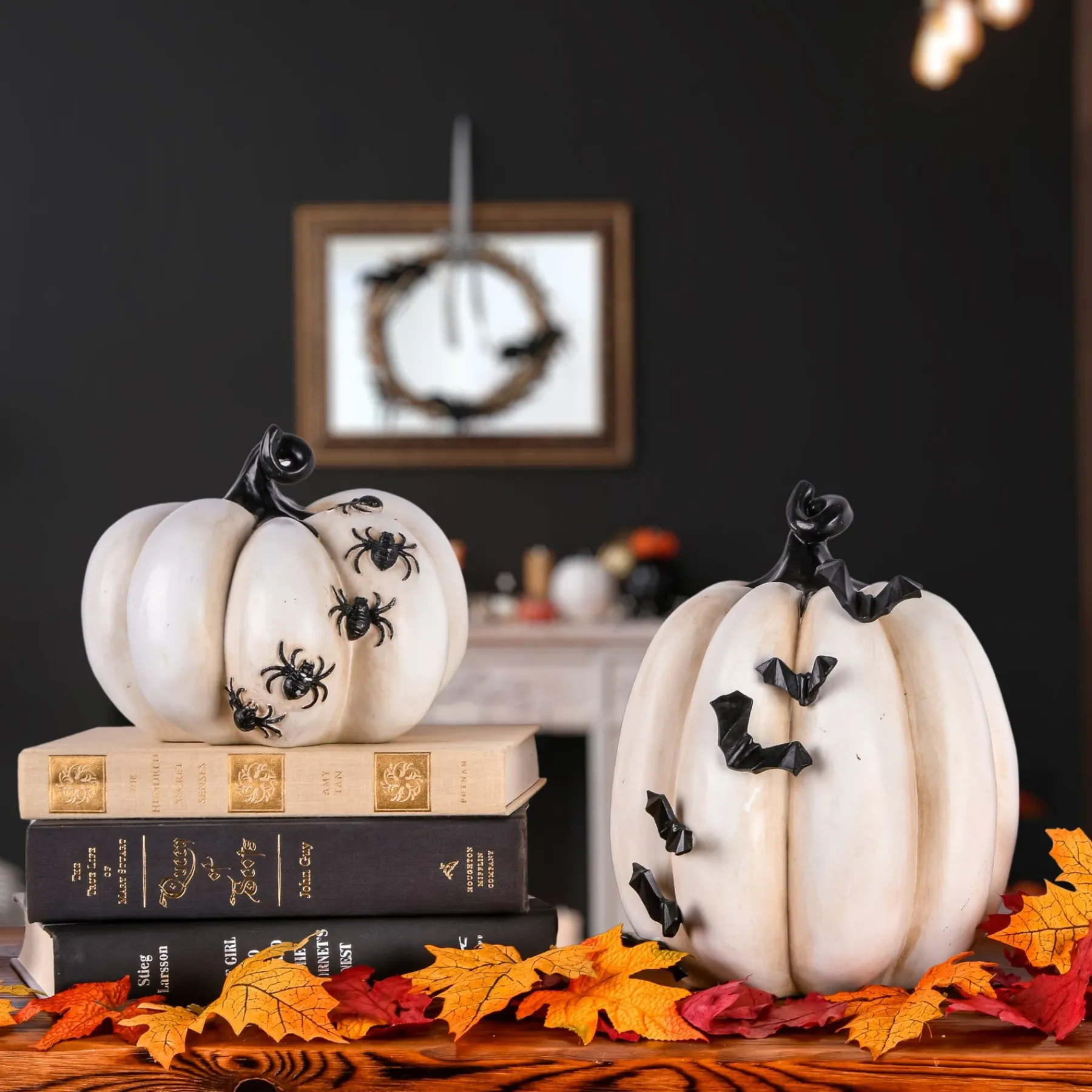 Halloween Table Decoration-National Tree Company Halloween Tabletop Decoration, White, Crawling Bats Pumpkin, 9 Inches
