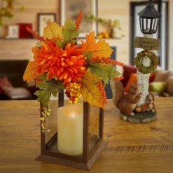 Harvest Accessories-National Tree Company 14"Harvest Harvest Lantern With Mum Flower, Mixed Leaves, Berry