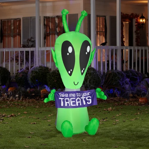 Halloween Inflatable Decoration-National Tree Company Inflatable Decoration, Multi, Alien With Sign, Led Lights, Plug In, Halloween Collection, 7 Feet