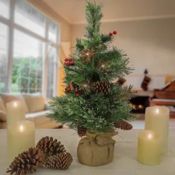 Unlit-National Tree Company 24" Glistening Pine Small Tree With Pine Cones, Red Berries, And Twigs In A Burlap Base- 15 Warm White Led Lights- Battery Operated With Timer