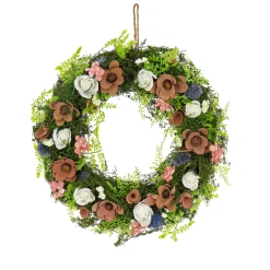 National Tree Company Flower Wreaths^ Artificial Wreath Decoration, Pink, Lightweight Foam Base, Decorated With Assorted Flower Blooms, Roses, Seed Pods, Flowing Green Stems, Spring Collection, 18 Inches