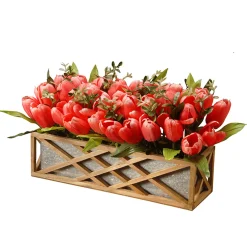 National Tree Company Potted Flower Plants^ Artificial Planter Box, Decorated With Pink And Red Tulip Blooms, Leafy Greens, Includes Ornate Natural Wooden Base, Spring Collection, 10 Inches
