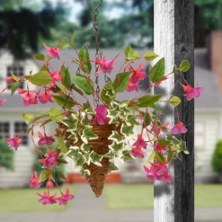 National Tree Company Home & Garden Decor^ Artificial Hanging Cone Basket, Wicker Base, Decorated With Purple Flowers, Ivy, Spring Collection, 15 Inches