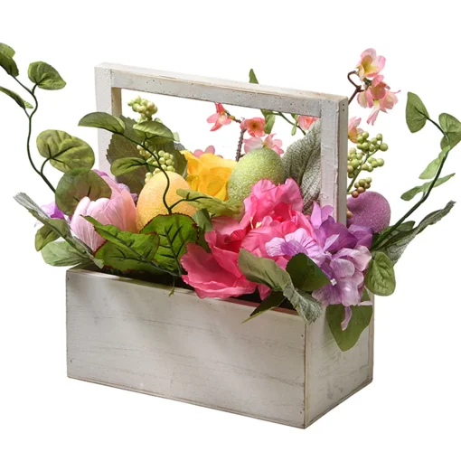 National Tree Company Home & Garden Decor^ Artificial Boxed Easter Basket, White, Filled With Eggs, Leaves, Flower Blooms, Easter Collection, 14 Inches