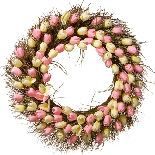 National Tree Company Flower Wreaths^ Artificial Hanging Wreath, Woven Branch Base, Decorated With Yellow And Pink Tulip Blooms, Flowing Green Stems, Spring Collection, 32 Inches