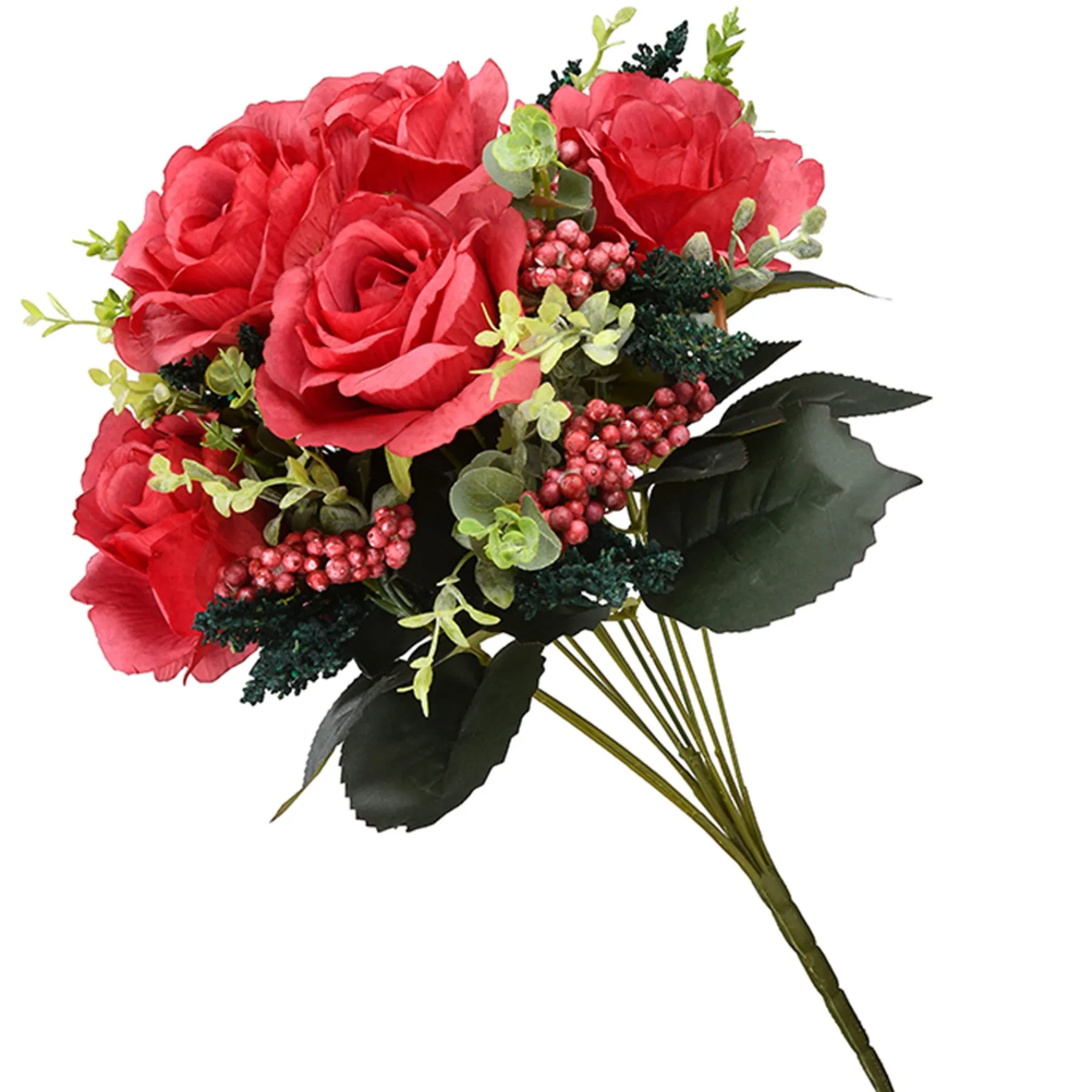 National Tree Company Home & Garden Decor^ Artificial Floral Bouquet, Vine Stem Base, Decorated With Red Rose Blooms, Berry Clusters, Seed Pods, Leafy Greens, Spring Collection, 19 Inches