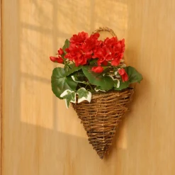 National Tree Company Home & Garden Decor^ Artificial Wall Cone Basket, Wicker Base, Decorated With Red Geranium Flowers, Ivy, Spring Collection, 11 Inches