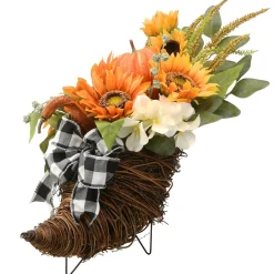 Harvest Accessories-National Tree Company Artificial Wicker Cornucopia Basket Decoration, Decorated With Pumpkins, Sunflower Blooms, Assorted Leaves, Autumn Collection, 20 Inches