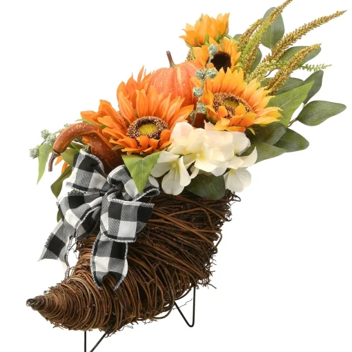 Harvest Accessories-National Tree Company Artificial Wicker Cornucopia Basket Decoration, Decorated With Pumpkins, Sunflower Blooms, Assorted Leaves, Autumn Collection, 20 Inches