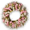 National Tree Company Flower Wreaths^ Artificial Hanging Wreath, Woven Branch Base, Decorated With Pink And White Tulips, Flowing Green Stems, Spring Collection, 21 Inches