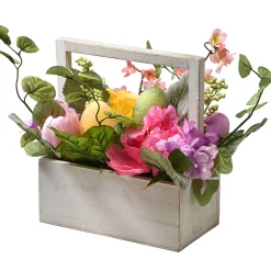 National Tree Company Potted Flower Plants^ Artificial Boxed Easter Basket, White, Filled With Eggs, Leaves, Flower Blooms, Easter Collection, 14 Inches