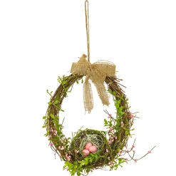 National Tree Company Home & Garden Decor^ Artificial Bird'S Nest Hanging Wall Decoration, Woven Branch Base, Decorated With Leafy Greens, Bird'S Nest With Pastel Eggs, Burlap Bow, Includes Hanging Loop, Spring Collection, 11 Inches