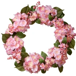 National Tree Company Home & Garden Decor^ Artificial Hanging Wreath, Woven Branch Base, Decorated With Pink Hydrangea Blooms, Berry Clusters, Leafy Greens, Spring Collection, 24 Inches