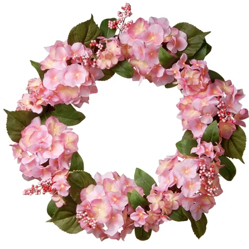 National Tree Company Home & Garden Decor^ Artificial Hanging Wreath, Woven Branch Base, Decorated With Pink Hydrangea Blooms, Berry Clusters, Leafy Greens, Spring Collection, 24 Inches