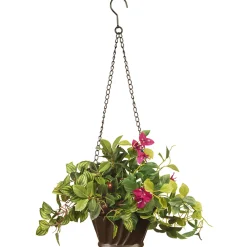National Tree Company Home & Garden Decor^ Artificial Hanging Basket, Decorated With Pink Flower Blooms, Purple Olives, Green Leaf Plants, Vines, Includes Brown Pot Base And Hanging Loop, Spring Collection, 10 Inches