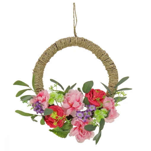 National Tree Company Flower Wreaths^ Artificial Wreath Decoration, Pink, Woven Hoop Ring Base, Decorated With Peony, Rose And Globe Flower Blooms, Seed Pods, Flowing Green Stems, Spring Collection, 16 Inches
