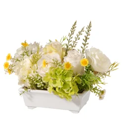 National Tree Company Home & Garden Decor^ Artificial Potted Flowers, White Hyndrangeas And Roses, Decorated With Leafy Greens, Includes White Pot Base, Spring Collection, 7 Inches