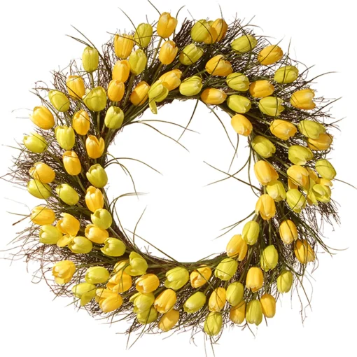 National Tree Company Flower Wreaths^ Artificial Hanging Wreath, Woven Branch Base, Decorated With Yellow Tulip Blooms, Flowing Green Stems, Spring Collection, 32 Inches