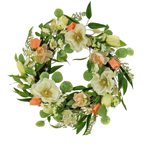 National Tree Company Flower Wreaths^ Artificial Wreath Decoration, Pink, Woven Branch Base, Decorated With Tulip Blooms, Poppies, Buttercup Blossoms, Flowing Green Stems, Spring Collection, 22 Inches